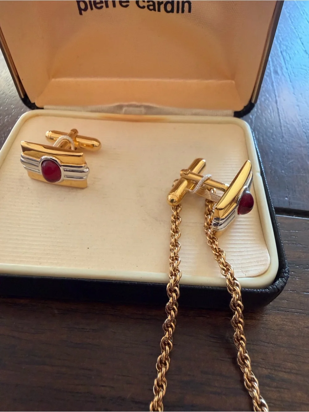 Pierre Cardin Vintage Cufflinks and Tie Chain Set Gold Silver Red Cabochon Box